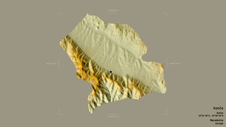 Area of KonÄe, municipality of Macedonia, isolated on a solid background in a georeferenced bounding box. Labels. Topographic relief map. 3D renderingの写真素材