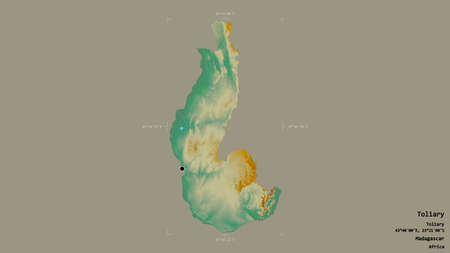 Area of Toliary, autonomous province of Madagascar, isolated on a solid background in a georeferenced bounding box. Labels. Topographic relief map. 3D renderingの写真素材