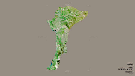 Area of Ohrid, municipality of Macedonia, isolated on a solid background in a georeferenced bounding box. Labels. Satellite imagery. 3D renderingの写真素材