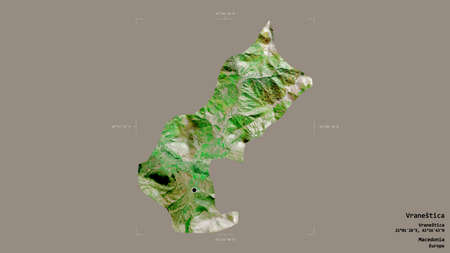 Area of VraneÅ¡tica, municipality of Macedonia, isolated on a solid background in a georeferenced bounding box. Labels. Satellite imagery. 3D renderingの写真素材