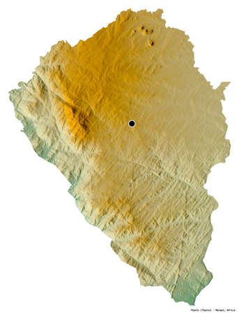 Shape of Thyolo, district of Malawi, with its capital isolated on white background. Topographic relief map. 3D renderingの写真素材