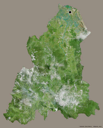 Shape of Kelantan, state of Malaysia, with its capital isolated on a solid color background. Satellite imagery. 3D renderingの写真素材