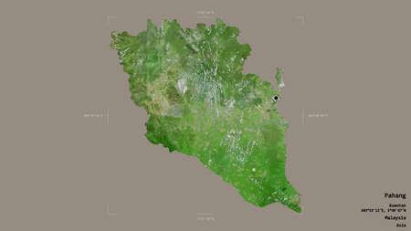Area of Pahang, state of Malaysia, isolated on a solid background in a georeferenced bounding box. Labels. Satellite imagery. 3D renderingの写真素材