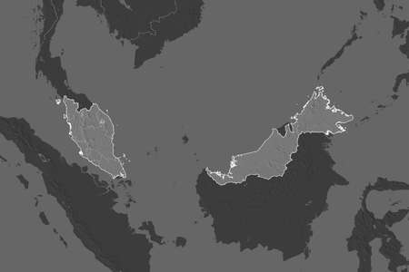 Shape of Malaysia separated by the desaturation of neighboring areas. Borders. Bilevel elevation map. 3D renderingの写真素材