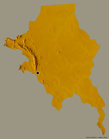 Shape of Mchinji, district of Malawi, with its capital isolated on a solid color background. Topographic relief map. 3D renderingの写真素材