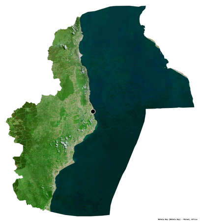 Shape of Nkhata Bay, district of Malawi, with its capital isolated on white background. Satellite imagery. 3D renderingの写真素材