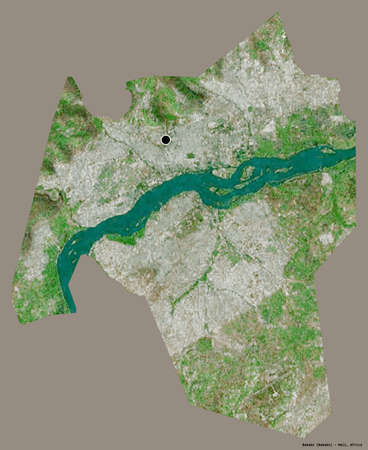 Shape of Bamako, district of Mali, with its capital isolated on a solid color background. Satellite imagery. 3D renderingの写真素材