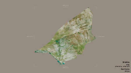 Area of Brakna, region of Mauritania, isolated on a solid background in a georeferenced bounding box. Labels. Satellite imagery. 3D renderingの写真素材