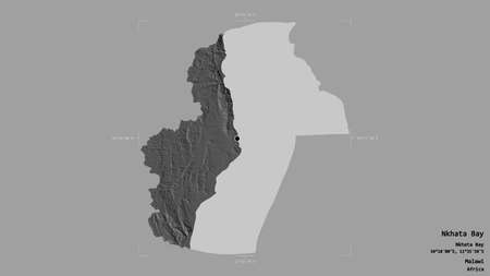 Area of Nkhata Bay, district of Malawi, isolated on a solid background in a georeferenced bounding box. Labels. Bilevel elevation map. 3D renderingの写真素材