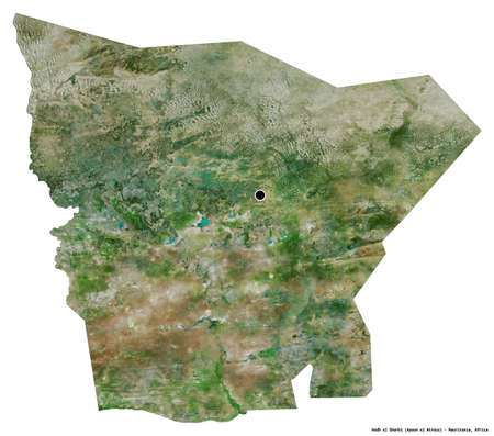 Shape of Hodh el Gharbi, region of Mauritania, with its capital isolated on white background. Satellite imagery. 3D renderingの写真素材