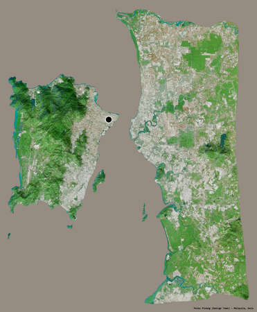 Shape of Pulau Pinang, state of Malaysia, with its capital isolated on a solid color background. Satellite imagery. 3D renderingの写真素材