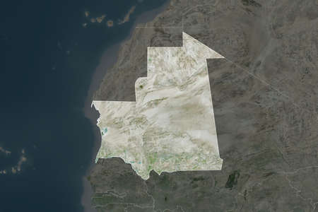Shape of Mauritania separated by the desaturation of neighboring areas. Borders. Satellite imagery....