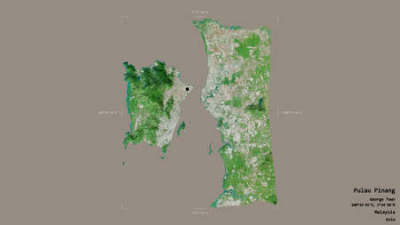 Area of Pulau Pinang, state of Malaysia, isolated on a solid background in a georeferenced bounding box. Labels. Satellite imagery. 3D renderingの写真素材