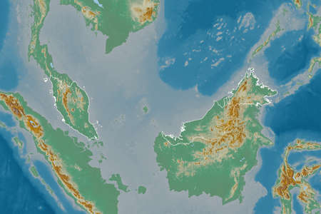 Extended area of outlined Malaysia. Topographic relief map. 3D rendering