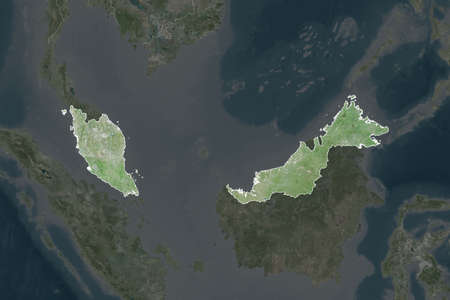 Shape of Malaysia separated by the desaturation of neighboring areas. Borders. Satellite imagery. 3D...
