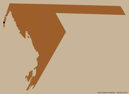 Shape of Dakhlet Nouadhibou, region of Mauritania, with its capital isolated on a solid color background. Composition of patterned textures. 3D renderingの写真素材