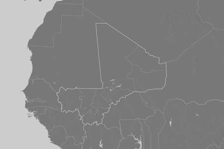 Extended area of Mali with country outline, international and regional borders. Bilevel elevation map. 3D renderingの写真素材