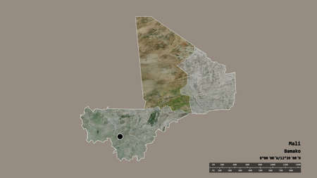 Desaturated shape of Mali with its capital, main regional division and the separated Timbuktu area. Labels. Satellite imagery. 3D renderingの写真素材