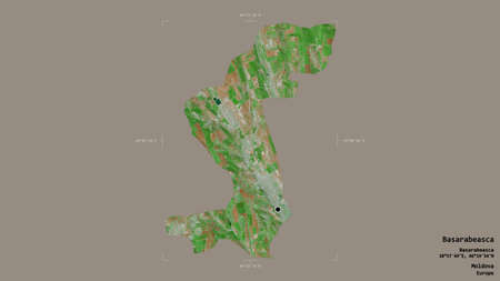 Area of Basarabeasca, district of Moldova, isolated on a solid background in a georeferenced bounding box. Labels. Satellite imagery. 3D renderingの写真素材