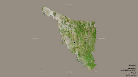 Area of Sonora, state of Mexico, isolated on a solid background in a georeferenced bounding box. Labels. Satellite imagery. 3D renderingの写真素材