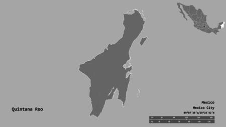 Shape of Quintana Roo, state of Mexico, with its capital isolated on solid background. Distance scale, region preview and labels. Bilevel elevation map. 3D renderingの写真素材
