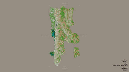 Area of Cahul, district of Moldova, isolated on a solid background in a georeferenced bounding box. Labels. Satellite imagery. 3D renderingの写真素材