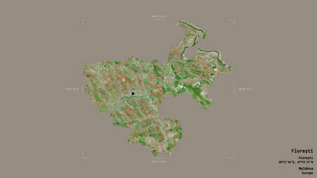 Area of FloreÅŸti, district of Moldova, isolated on a solid background in a georeferenced bounding...