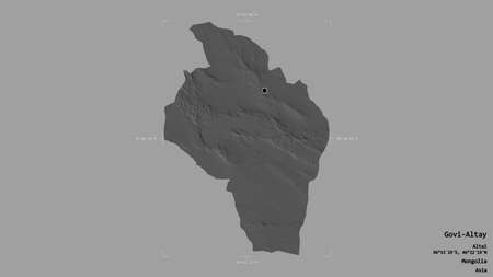 Area of Govi-Altay, province of Mongolia, isolated on a solid background in a georeferenced bounding box. Labels. Bilevel elevation map. 3D renderingの写真素材
