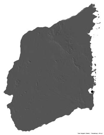 Shape of Cabo Delgado, province of Mozambique, with its capital isolated on white background. Bilevel elevation map. 3D renderingの写真素材