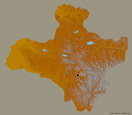 Shape of Dzavhan, province of Mongolia, with its capital isolated on a solid color background. Topographic relief map. 3D renderingの写真素材