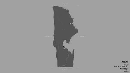 Area of Maputo, province of Mozambique, isolated on a solid background in a georeferenced bounding box. Labels. Bilevel elevation map. 3D renderingの写真素材