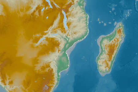 Extended area of outlined Mozambique. Topographic relief map. 3D rendering