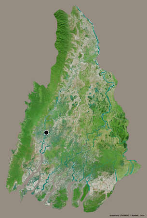 Shape of Ayeyarwady, division of Myanmar, with its capital isolated on a solid color background....