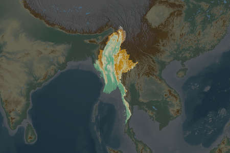 Shape of Myanmar separated by the desaturation of neighboring areas. Topographic relief map. 3D...