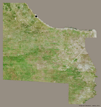 Shape of Kavango West, region of Namibia, with its capital isolated on a solid color background. Satellite imagery. 3D renderingの写真素材