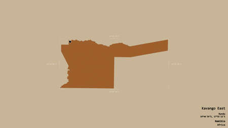 Area of Kavango East, region of Namibia, isolated on a solid background in a georeferenced bounding box. Labels. Composition of patterned textures. 3D renderingの写真素材