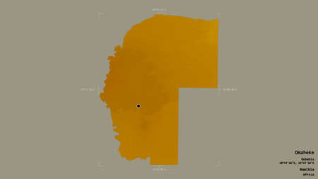 Area of Omaheke, region of Namibia, isolated on a solid background in a georeferenced bounding box. Labels. Topographic relief map. 3D renderingの写真素材
