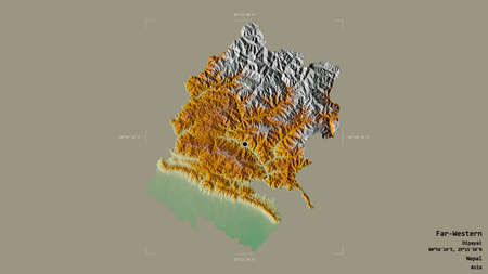 Area of Far-Western, development region of Nepal, isolated on a solid background in a georeferenced bounding box. Labels. Topographic relief map. 3D renderingの写真素材