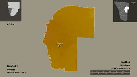 Shape of Omaheke, region of Namibia, and its capital. Distance scale, previews and labels. Topographic relief map. 3D renderingの写真素材