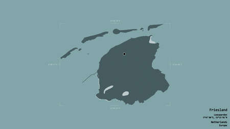 Area of Friesland, province of Netherlands, isolated on a solid background in a georeferenced bounding box. Labels. Colored elevation map. 3D renderingの写真素材
