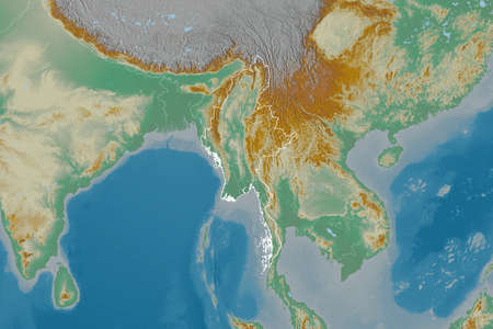 Extended area of Myanmar with country outline, international and regional borders. Topographic relief map. 3D renderingの写真素材