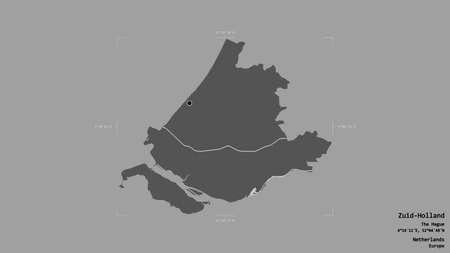 Area of Zuid-Holland, province of Netherlands, isolated on a solid background in a georeferenced bounding box. Labels. Bilevel elevation map. 3D renderingの写真素材