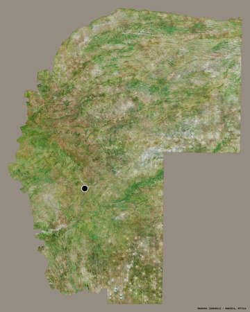 Shape of Omaheke, region of Namibia, with its capital isolated on a solid color background. Satellite imagery. 3D renderingの写真素材