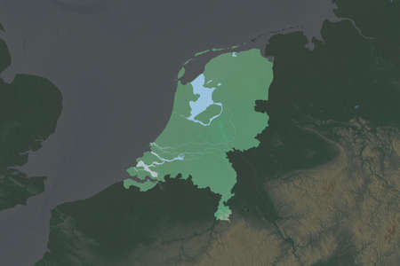 Shape of Netherlands separated by the desaturation of neighboring areas. Topographic relief map. 3D...