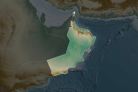 Shape of Oman separated by the desaturation of neighboring areas. Borders. Topographic relief map....