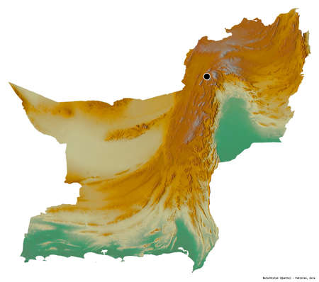 Shape of Baluchistan, province of Pakistan, with its capital isolated on white background. Topographic relief map. 3D renderingの写真素材
