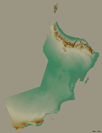 Shape of Oman with its capital isolated on a solid color background. Topographic relief map. 3D renderingの写真素材