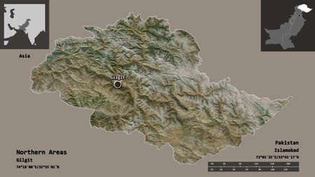 Shape of Northern Areas, centrally administered area of Pakistan, and its capital. Distance scale,...