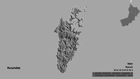 Shape of Musandam, province of Oman, with its capital isolated on solid background. Distance scale,...