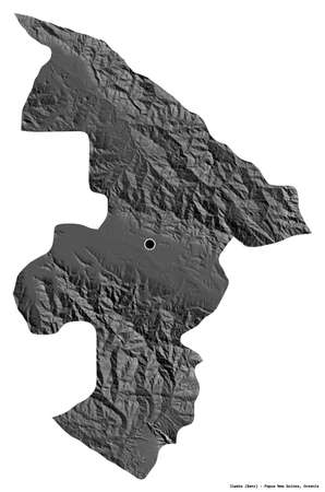 Shape of Jiwaka, province of Papua New Guinea, with its capital isolated on white background. Bilevel elevation map. 3D renderingの写真素材